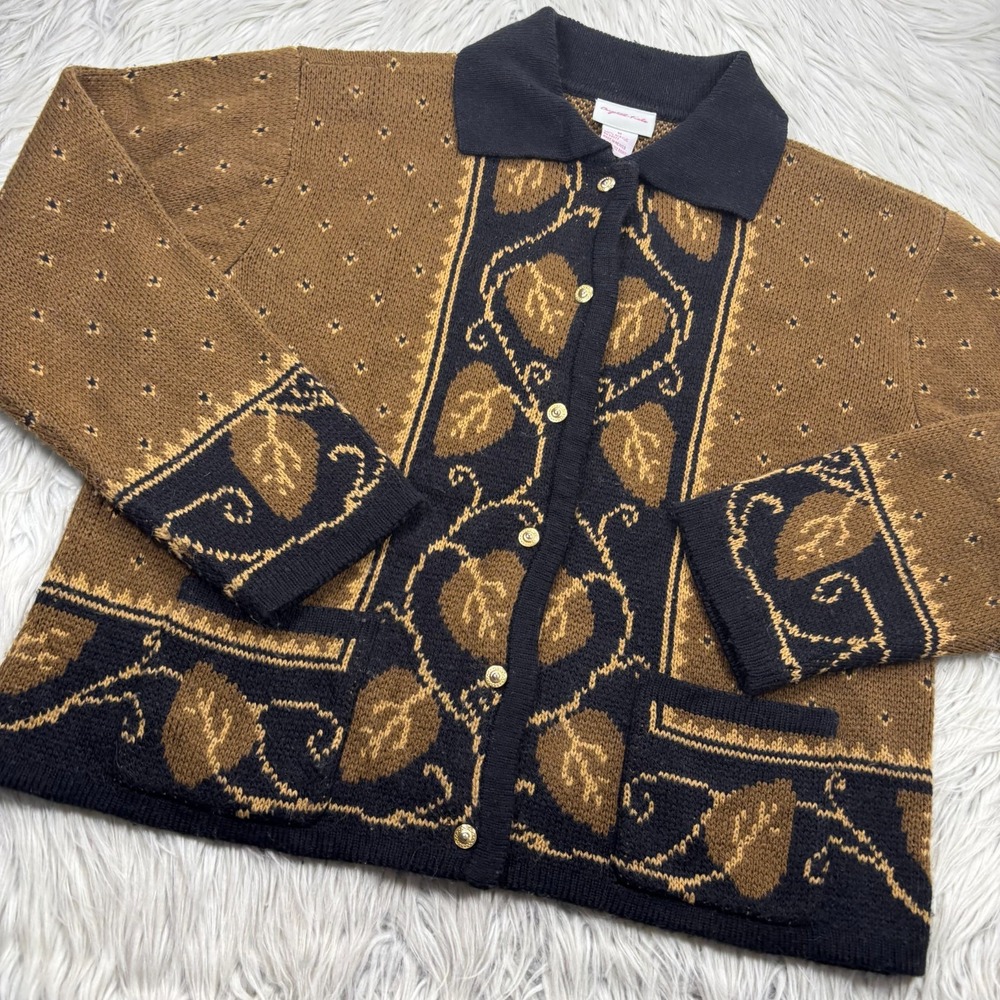 Vintage 90's Crystal Kobe Women's M Brown Fall Leaf Cardigan Grunge Grandmacore‎